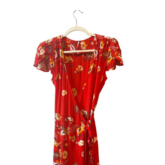 Free people Jess red maxi floral boho flutter sleeve wrap dress size XS - Picture 10 of 12